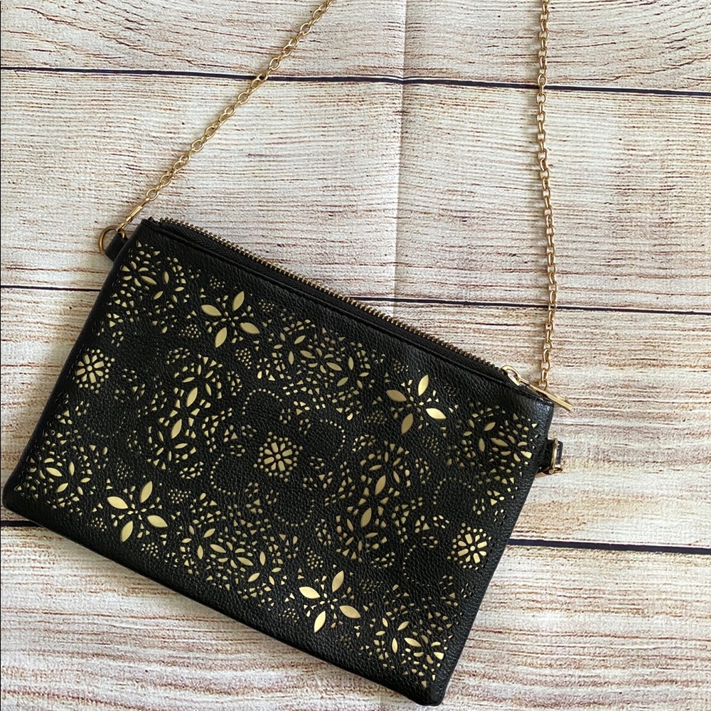 Laser cut Black & Gold Street Level Crossbody Bag